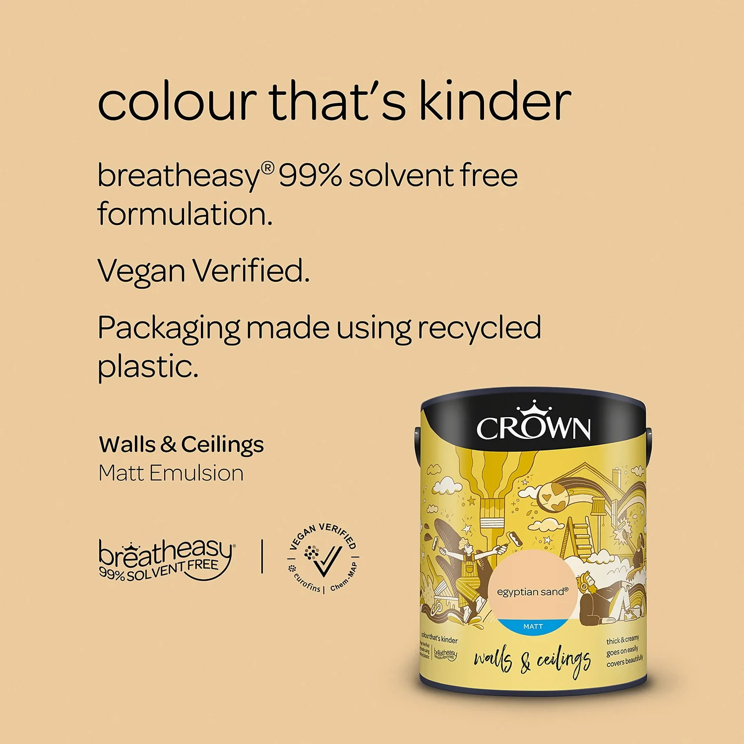 Crown Walls & Ceilings Matt Emulsion Paint Egyptian Sand - 5L 5 Crown Walls & Ceilings Matt Emulsion Paint Egyptian Sand - 5L - Image 5