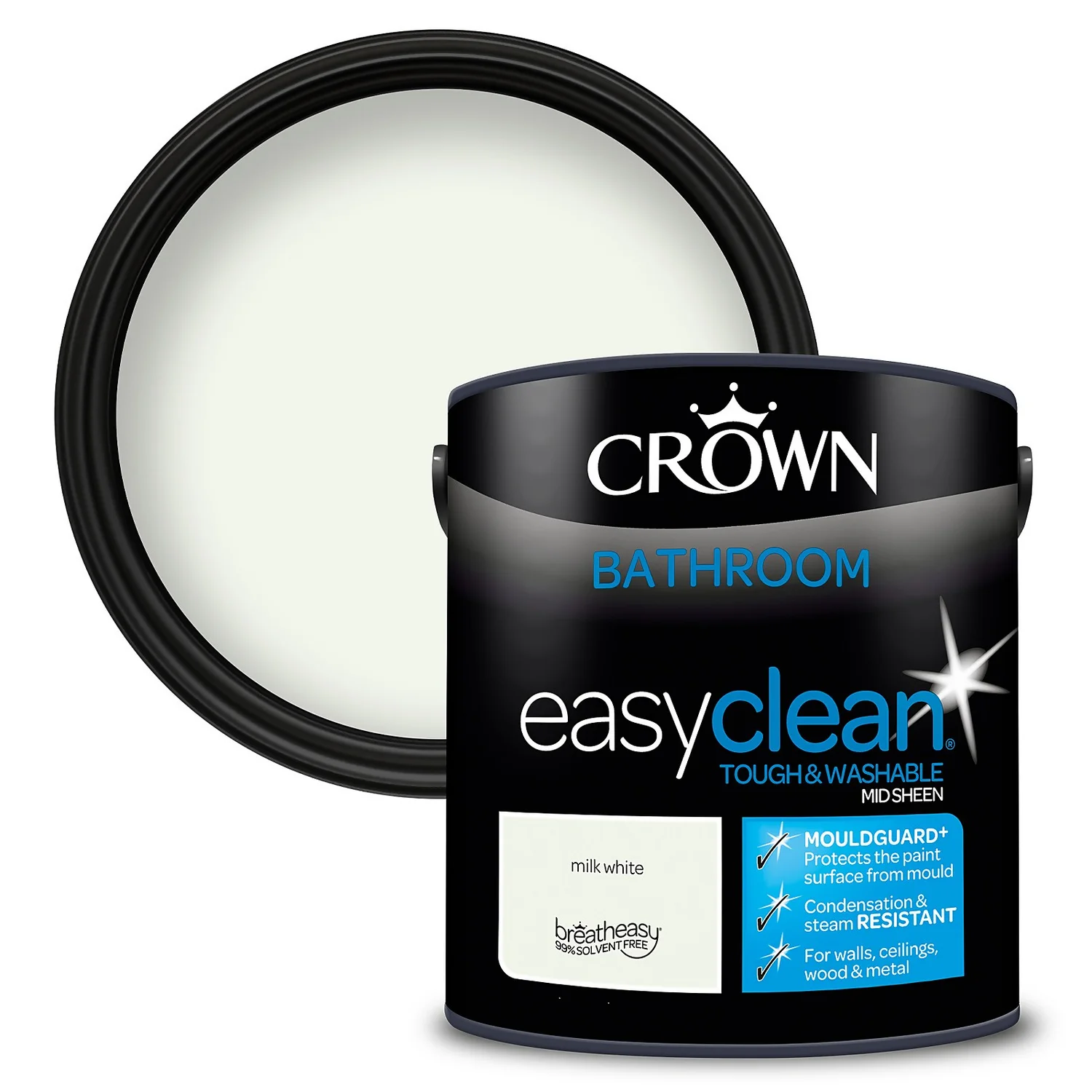 Crown Easyclean® Mouldguard+ Bathroom Mid Sheen Washable Multi Surface Paint Milk White® - 2.5L 1 Crown Easyclean® Mouldguard+ Bathroom Mid Sheen Washable Multi Surface Paint Milk White® - 2.5L