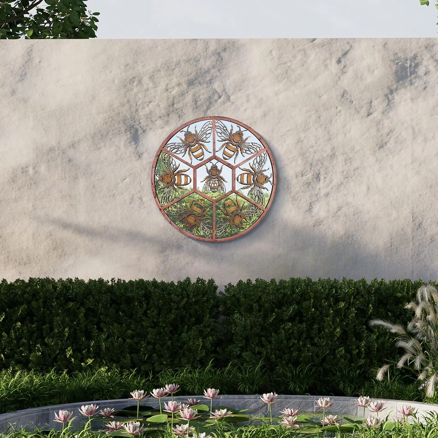 MirrorOutlet Metal Round Decorative Bumble Bee Window Garden Mirror - 80cm 2 MirrorOutlet Metal Round Decorative Bumble Bee Window Garden Mirror - 80cm - Image 2